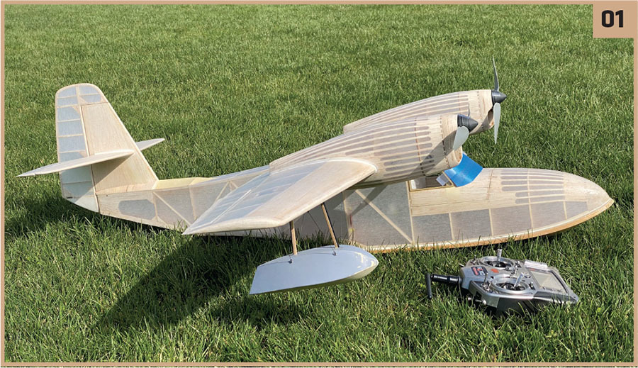 Model seaplane on grass with remote control.