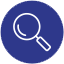 Magnifying glass icon on a blue circle background.