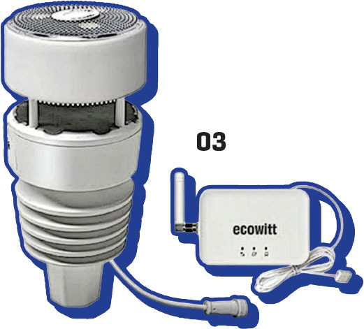 Weather sensor and Ecowitt device with antenna and cable, labeled "03".