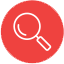 Magnifying glass icon in a red circle.