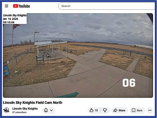 YouTube video titled "Lincoln Sky Knights Field Cam North" with cloudy sky.