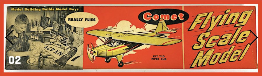 Vintage Comet Flying Scale Model airplane kit ad with boy assembling model.