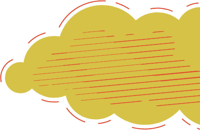 Yellow comic-style cloud with red lines and accents.
