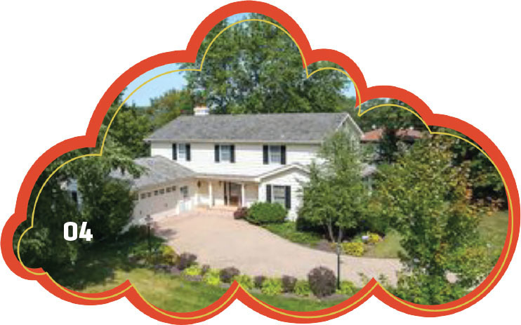 Suburban house with garden in a cloud-shaped frame, number "04" on the left.