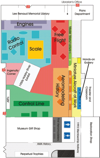 Museum floor plan with areas for Engines, Free Flight, Scale, and Control Line.