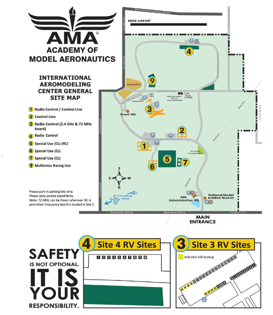 AMA site map with numbered areas and locations for RV sites. Safety notice included.