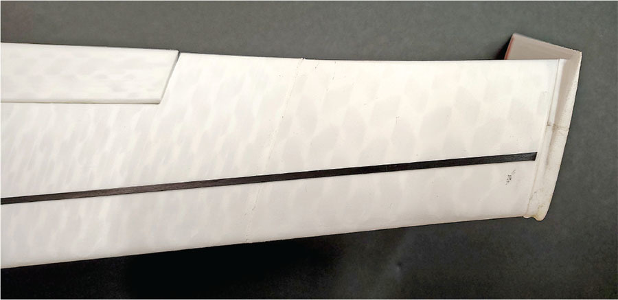 White textured wing with a slim black line on a dark background.