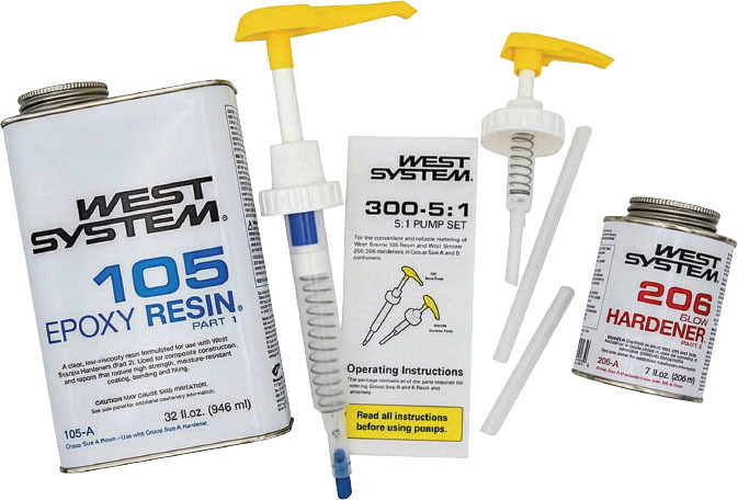 West System epoxy resin, pumps, and hardener with instructions.