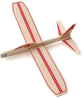 Wooden glider with red stripes, viewed from above.