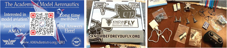 Academy of Model Aeronautics flyer, drone kit box, and drone parts on a table.