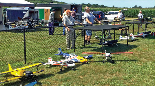 Model airplanes lined up on grass, people standing behind a fence in a sunny park setting.