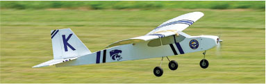 Small white model airplane with blue stripes flying close to the ground.