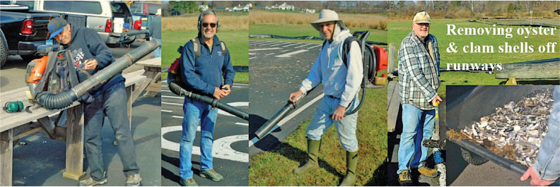 Men using leaf blowers to clear oyster and clam shells.