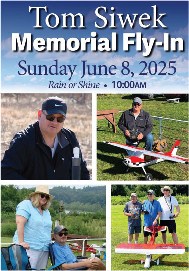 Tom Siwek Memorial Fly-In, June 8, 2025, 10:00 AM. Three photos of people with model planes.