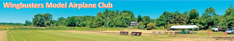 Wingbusters Model Airplane Club sign over grassy field with trees and picnic area.