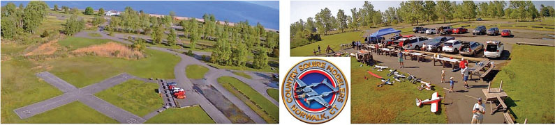 Aerial view of a park with parked cars and model airplanes on tables. Club logo shown.
