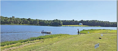 Boat on lake, person fishing on grassy shore, trees in background under clear sky.