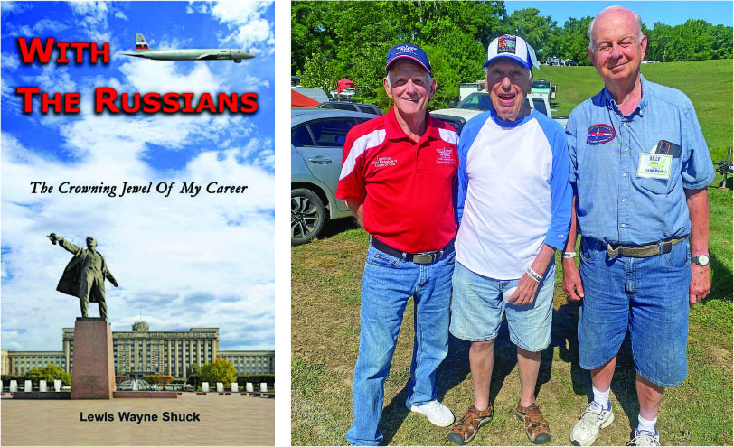 Book cover "With The Russians" beside a photo of three men outdoors.