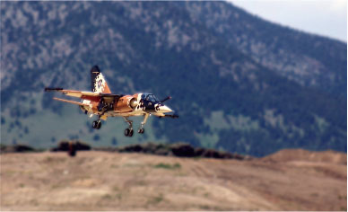 Jet landing with mountains in background.