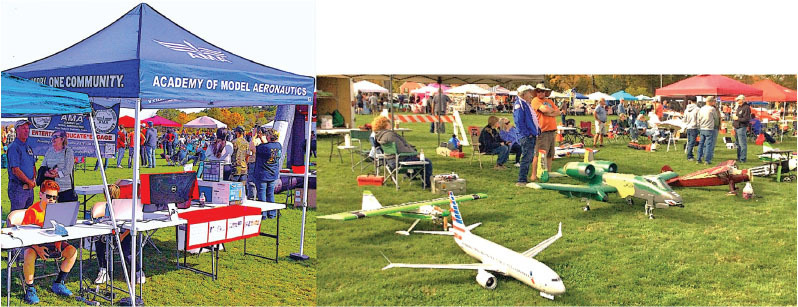 Outdoor model aircraft display; people under tents; group examining planes.