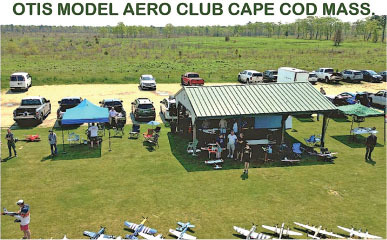OTIS MODEL AERO CLUB CAPE COD MASS. Pavilion with people and model planes on grass.