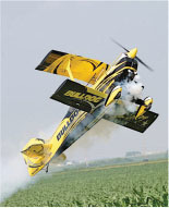 Yellow stunt plane with black details performing aerial tricks over a field, trailing smoke.