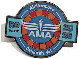 AMA AirVenture 2025 pin, blue and orange, reads "Oshkosh, WI," "RC Pilot."