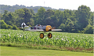 Toy biplane with orange face near cornfield, trees in background.