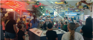Crowd observing model airplanes in an indoor exhibit.