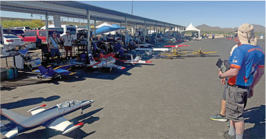 People observing model airplanes on display under a tented area at an outdoor event.