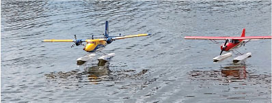 Two model seaplanes, one yellow and blue, one red, on water.