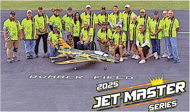 Group in neon shirts with model jet on runway, text: "2025 Jet Master Series, Bomber Field."