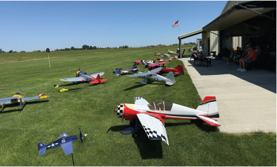 Model airplanes lined up on grass near a hangar with people seated inside.