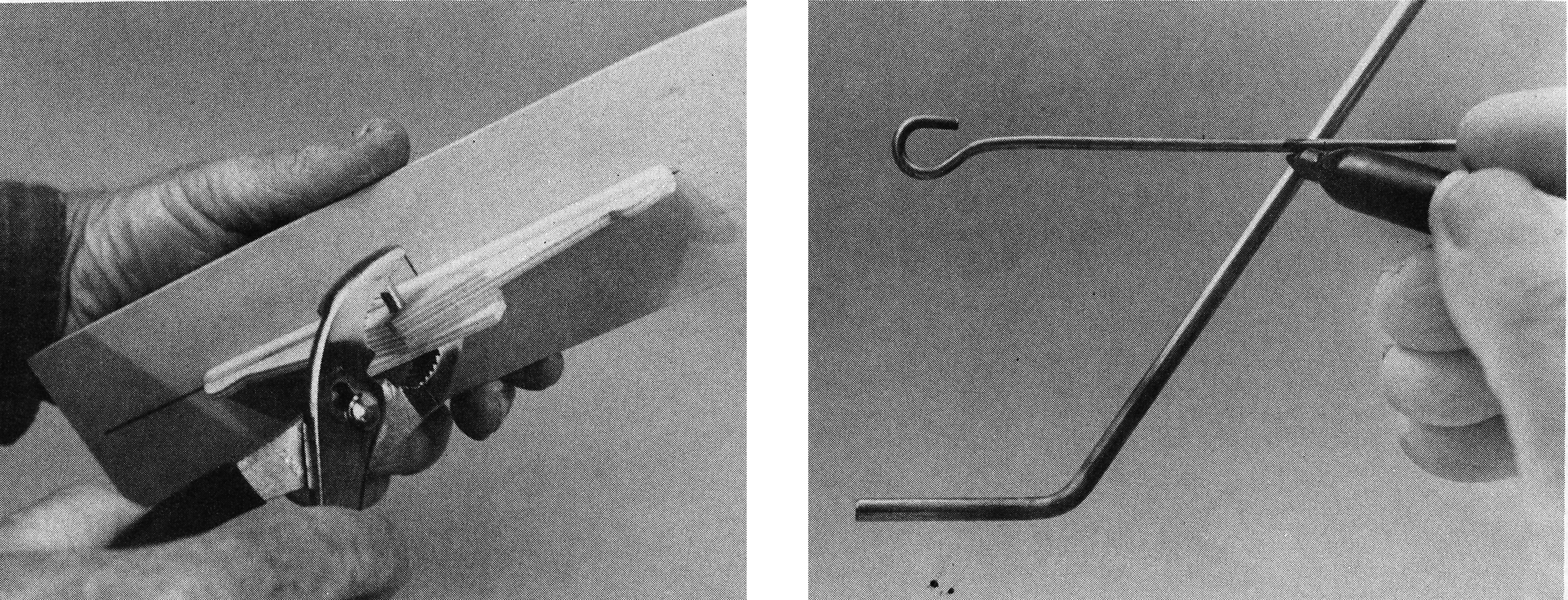Two tools held in hands; a clamp on wood, and a wire with a looped end.