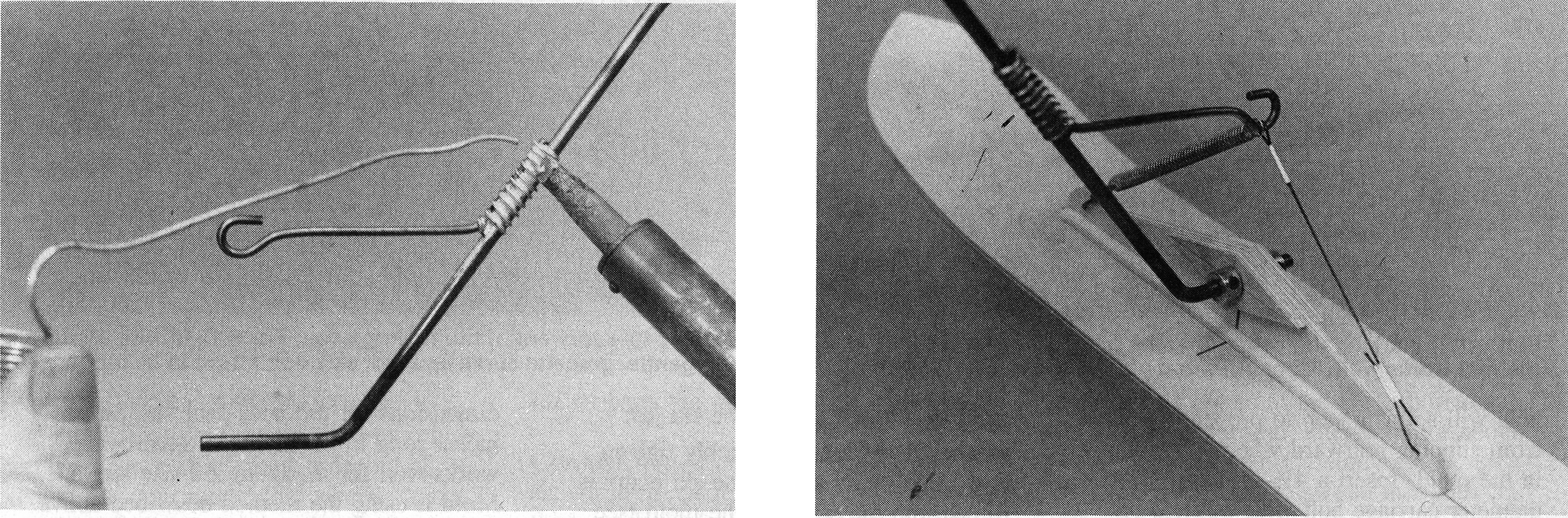(Left): Wrap the joint with bright copper wire then solder it using a hot, heavy iron. "Silver solder" (90% tin; 4% silver) that is sold in hardware stores works well. You must use flux. (Right): The final assembly shows the cable and spring attachments. Seal and paint the skis before attaching the cables.