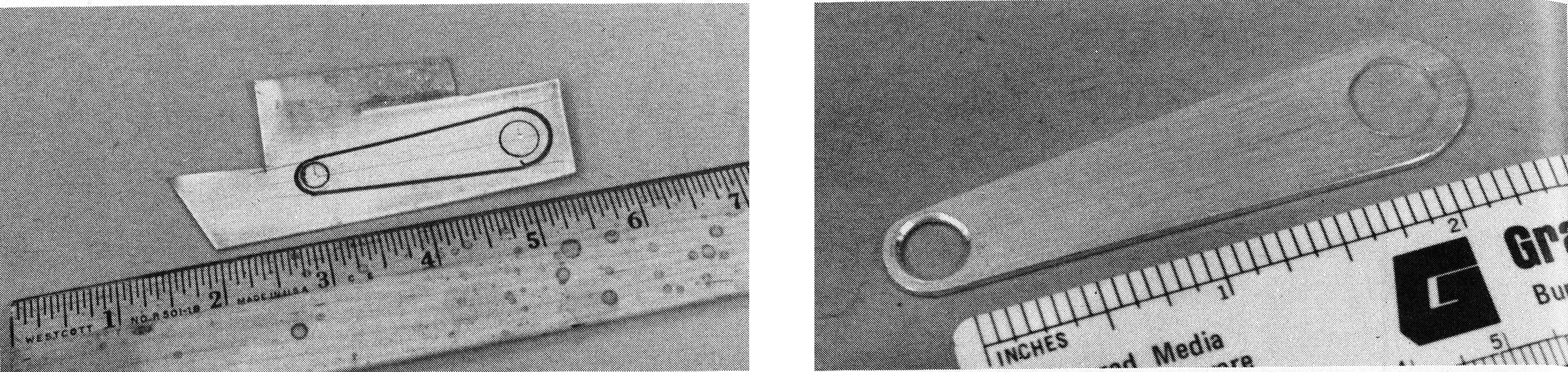 Two grayscale photos of a metal tool beside a ruler for scale.
