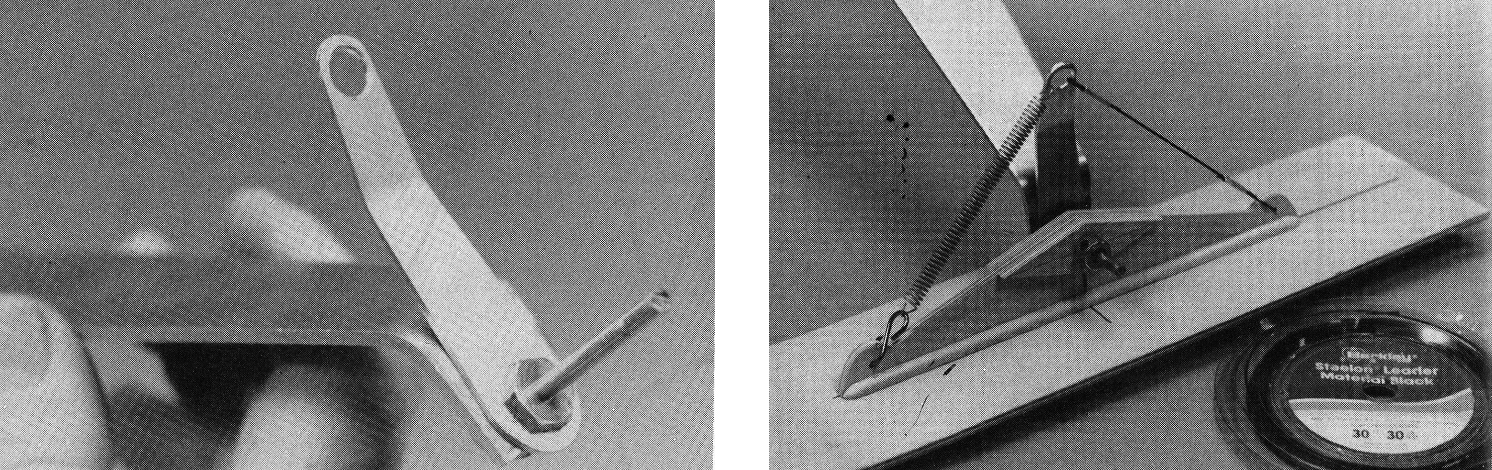 Left): Here is the alternate anchor point in place. A slight outward bend places the top hole directly over the center of the spine. (Right): Berkley Steelon was an excellent material for our use as cables. An S-hook is the easiest way to attach the forward end of the spring to the spine.
