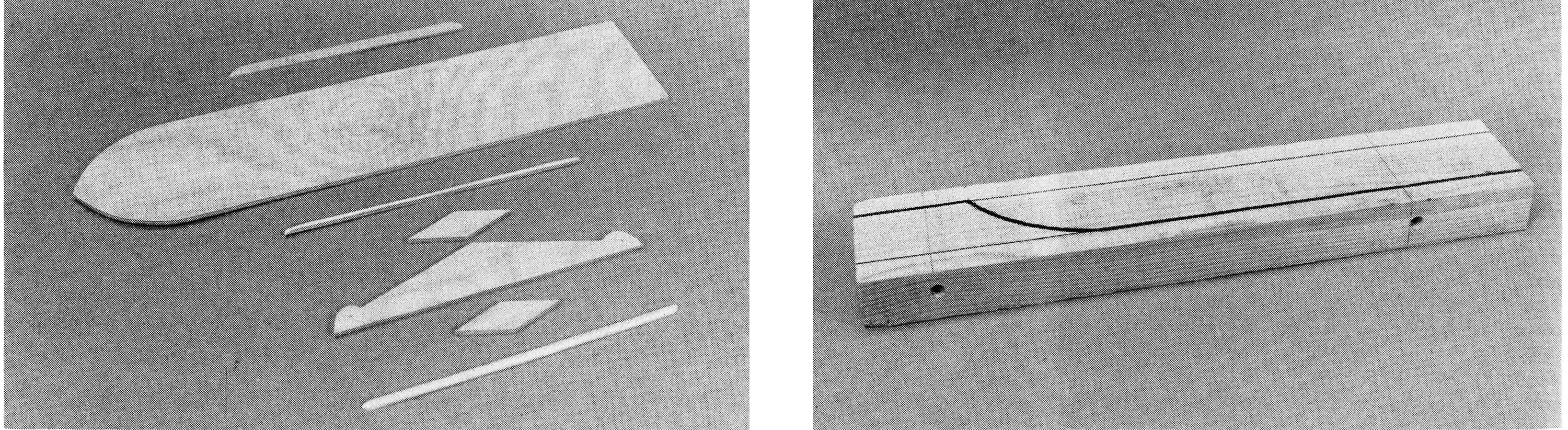 Wooden airplane model parts and completed model on gray background.