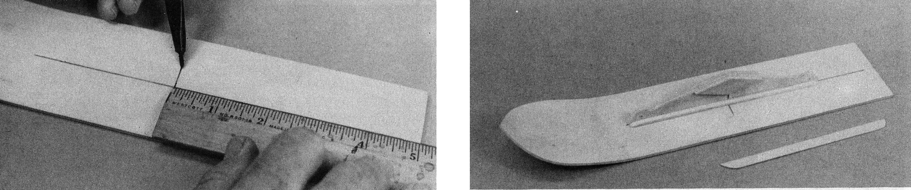 (Left): After marking the centerline, the pivot point for the axle is marked at about 40% forward of the trailing edge. For a 12-inch ski, 5 inches from the rear works well. (Right): All wood parts are assembled except for the keel. Note the gentle, graceful curve upward; skis don't have to be pug-nosed.