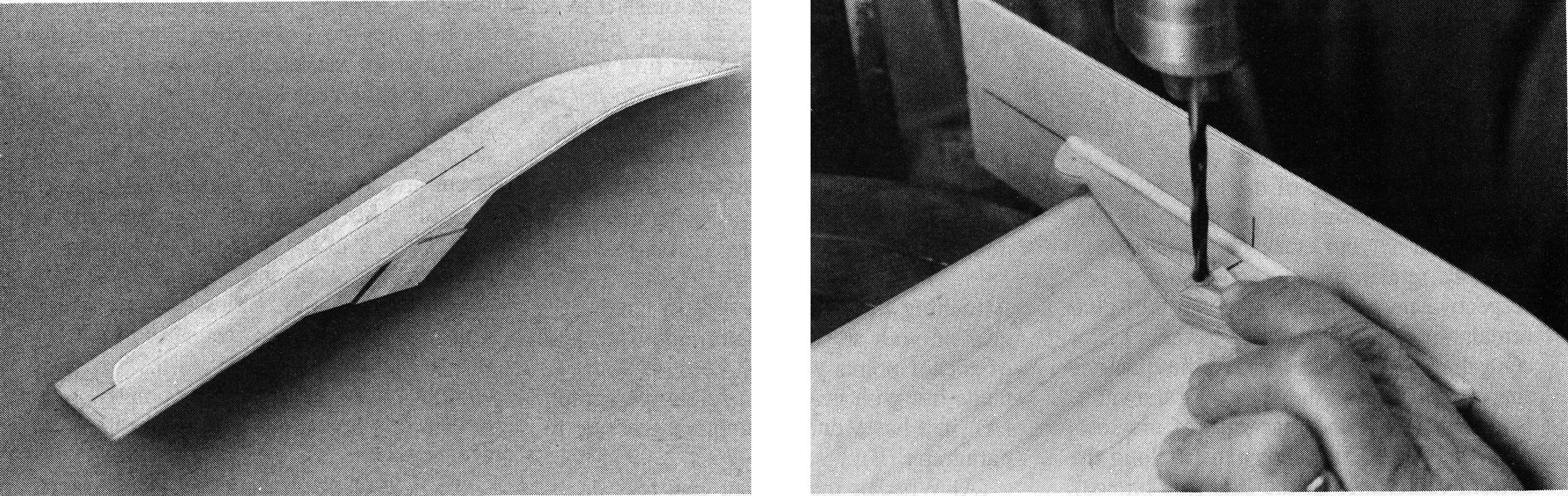 (Left): A fully assembled ski with the keel glued on the bottom. The keel position is only approximate, but it should be generally to the rear. (Right): Here, the hole for the axle bushing is being drilled through the diamond-shaped doubler. Use care to get this hole absolutely square.