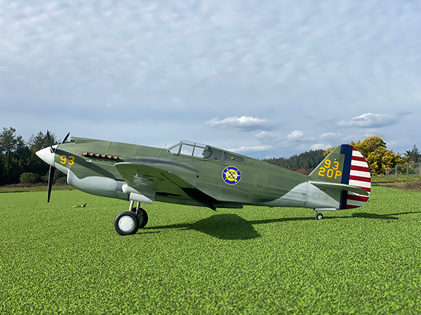 Green P-40C fighter plane on grassy field.