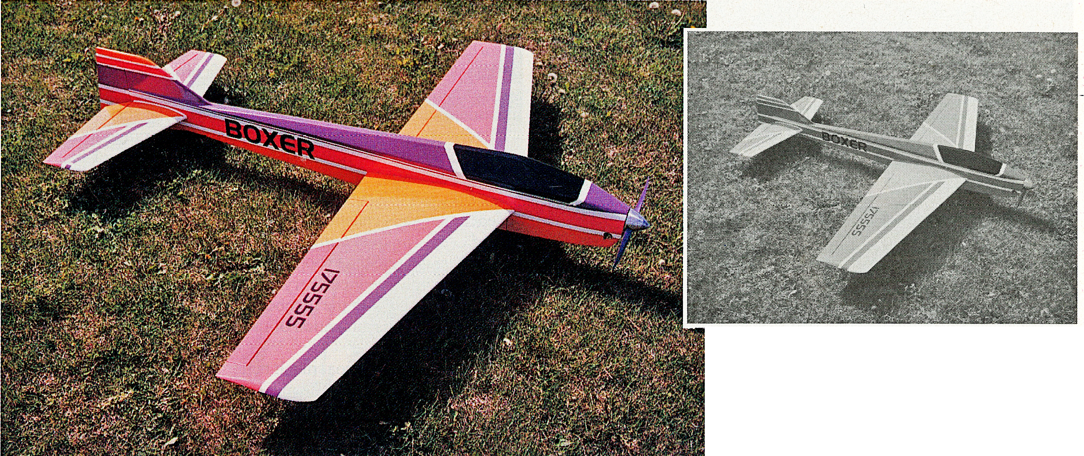 Colorful model airplane on grass with monochrome inset image of same plane design.