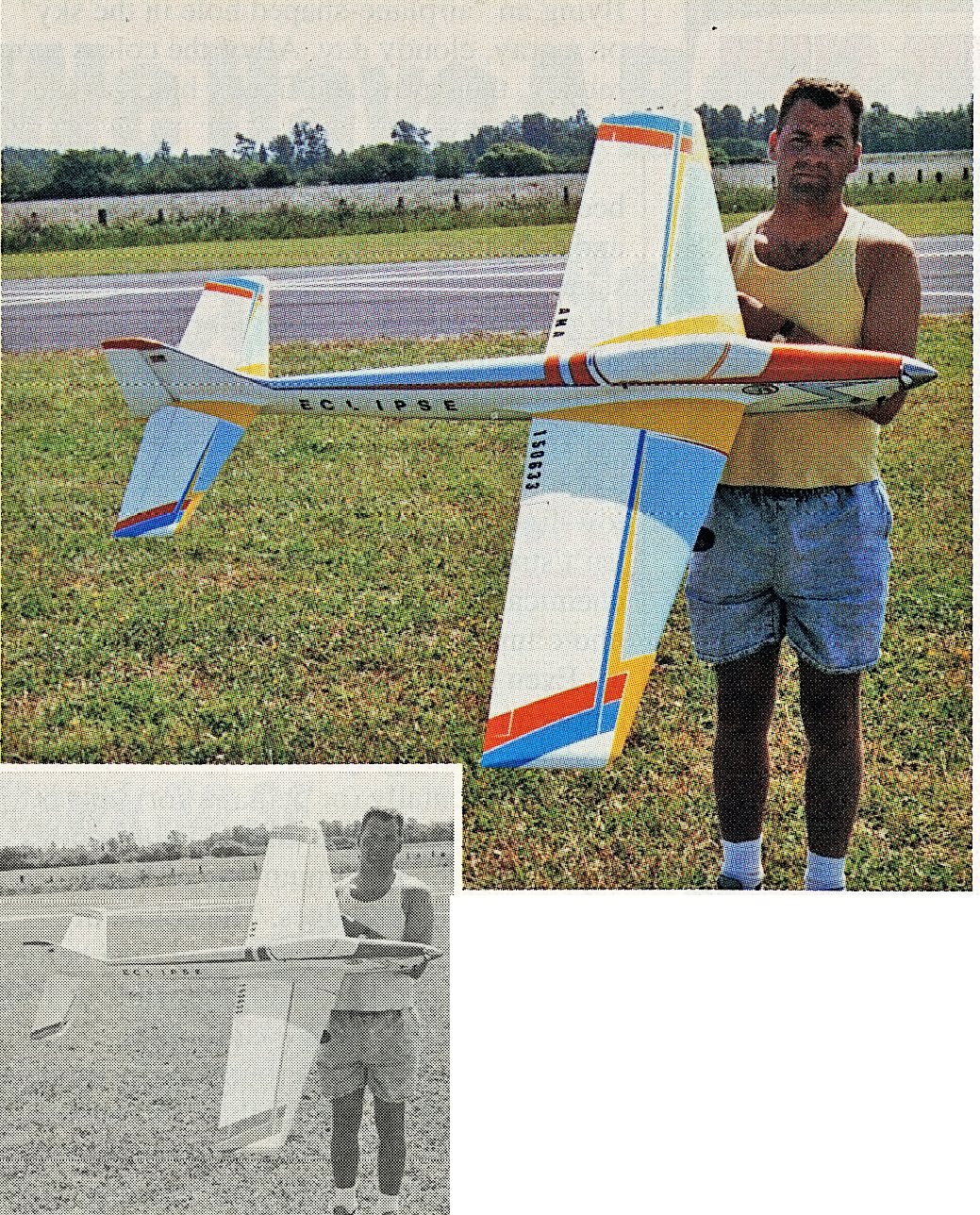 Man holding large model airplane on grassy field. Inset shows same scene in black and white.