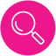 Magnifying glass icon on a pink background.