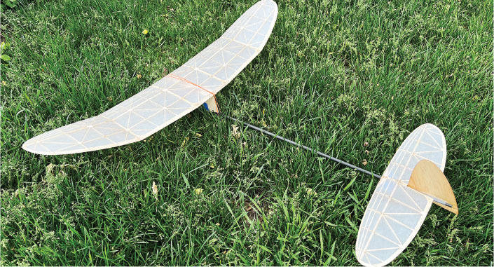 Model glider on grass with a translucent wing and tail.