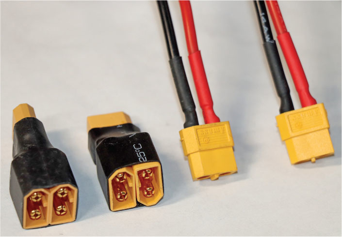 Yellow and black XT60 connectors with red and black wires.