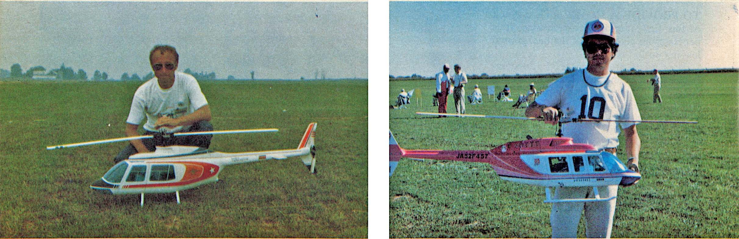 Man kneels with model helicopter; another poses with red model, wears shirt number 10.