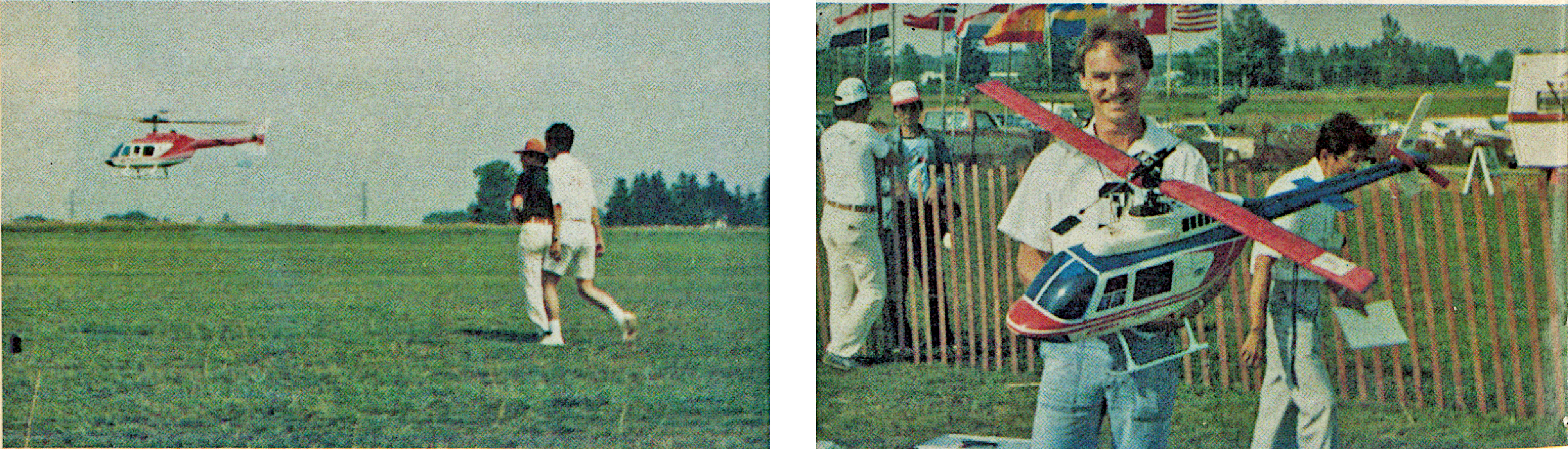 Man holding a large model helicopter, with another flying nearby in a grassy field.
