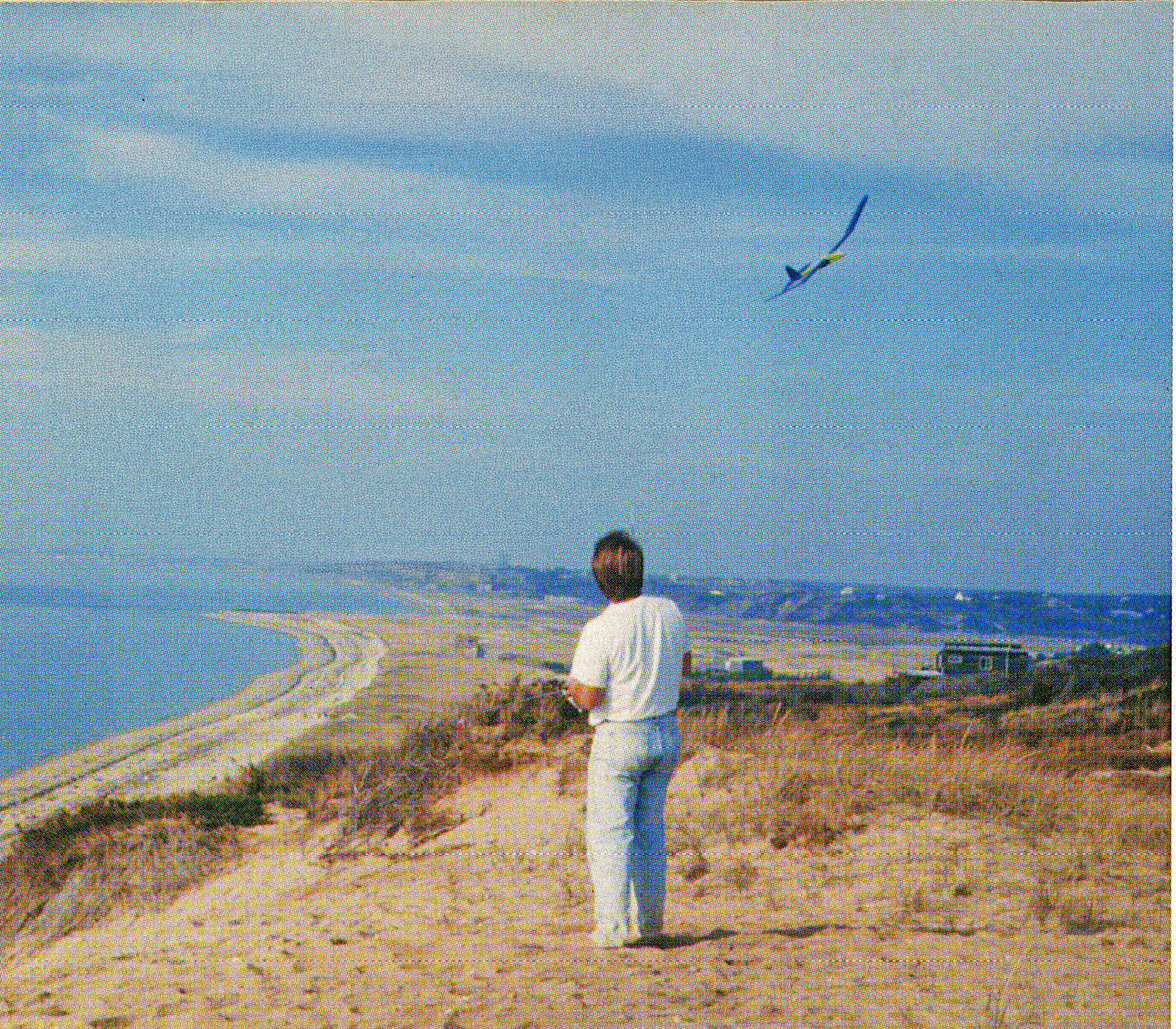 Person flying a kite on a sandy hill overlooking the ocean.
