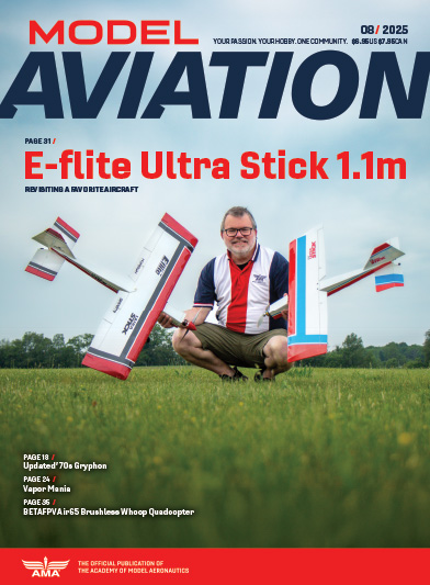 MODEL AVIATION magazine cover featuring E-flite Ultra Stick 1.1m.